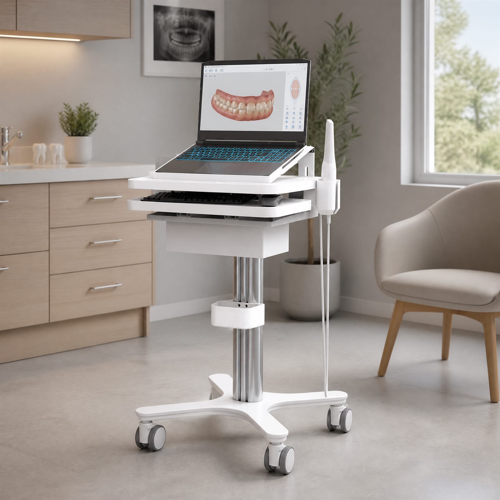 Mobiler Arbeitsplatz für intraorale Scanner in der Zahnmedizin, Laptopwagen mit USV für digitales Scannen in der Zahnarztpraxis