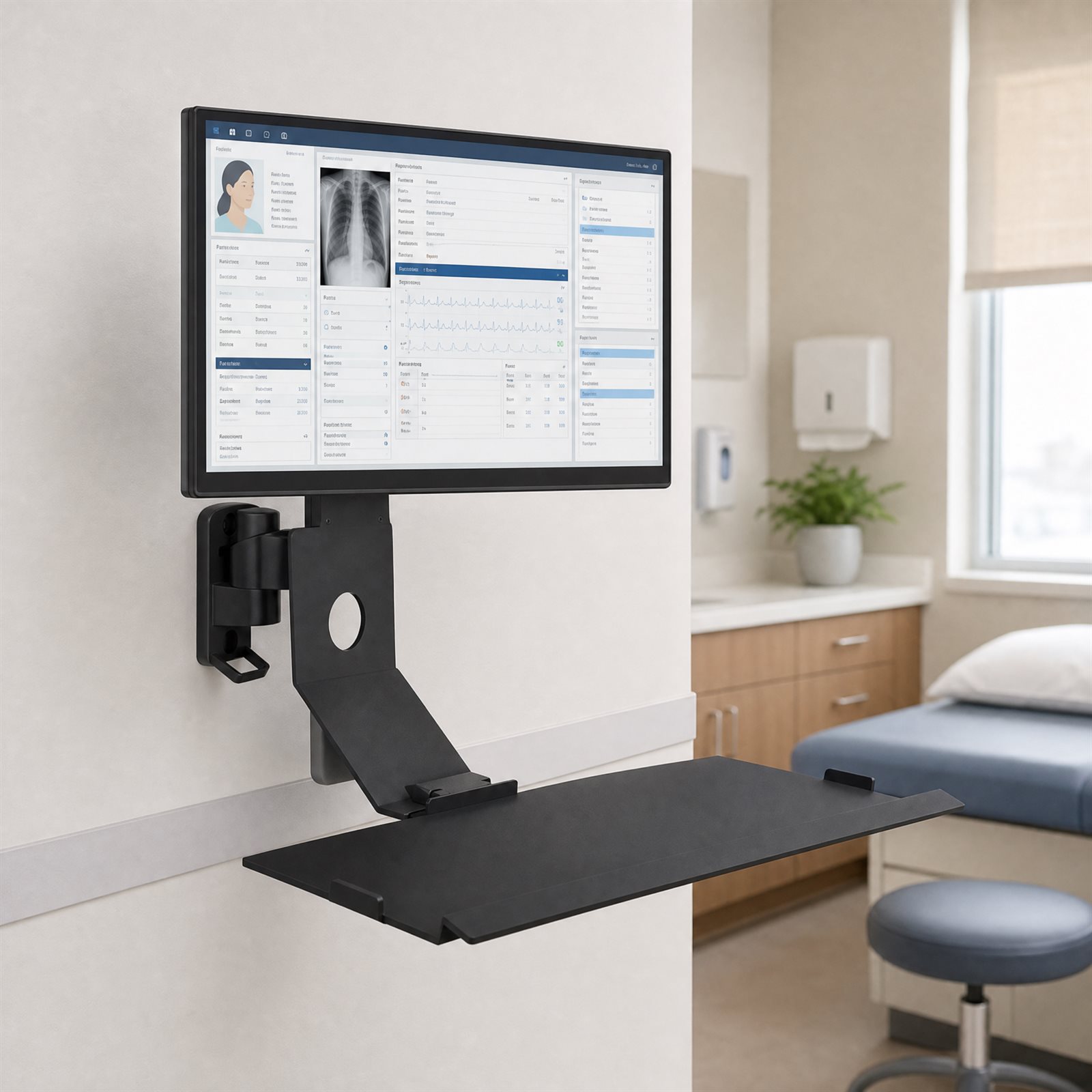 Heavy-Duty Wall-Mount Monitor Arm with Keyboard Tray