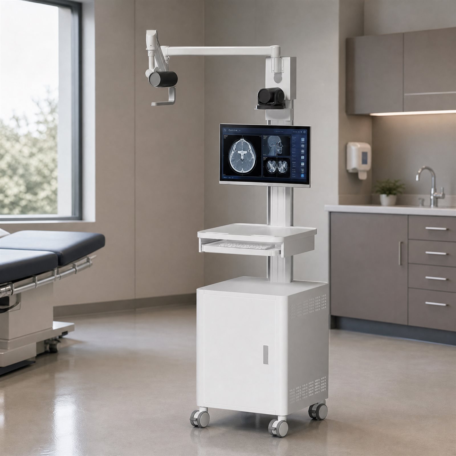 Mobile Medical Workstation Cart with Adjustable Arm, Lockable 360° Swivel Wheels
