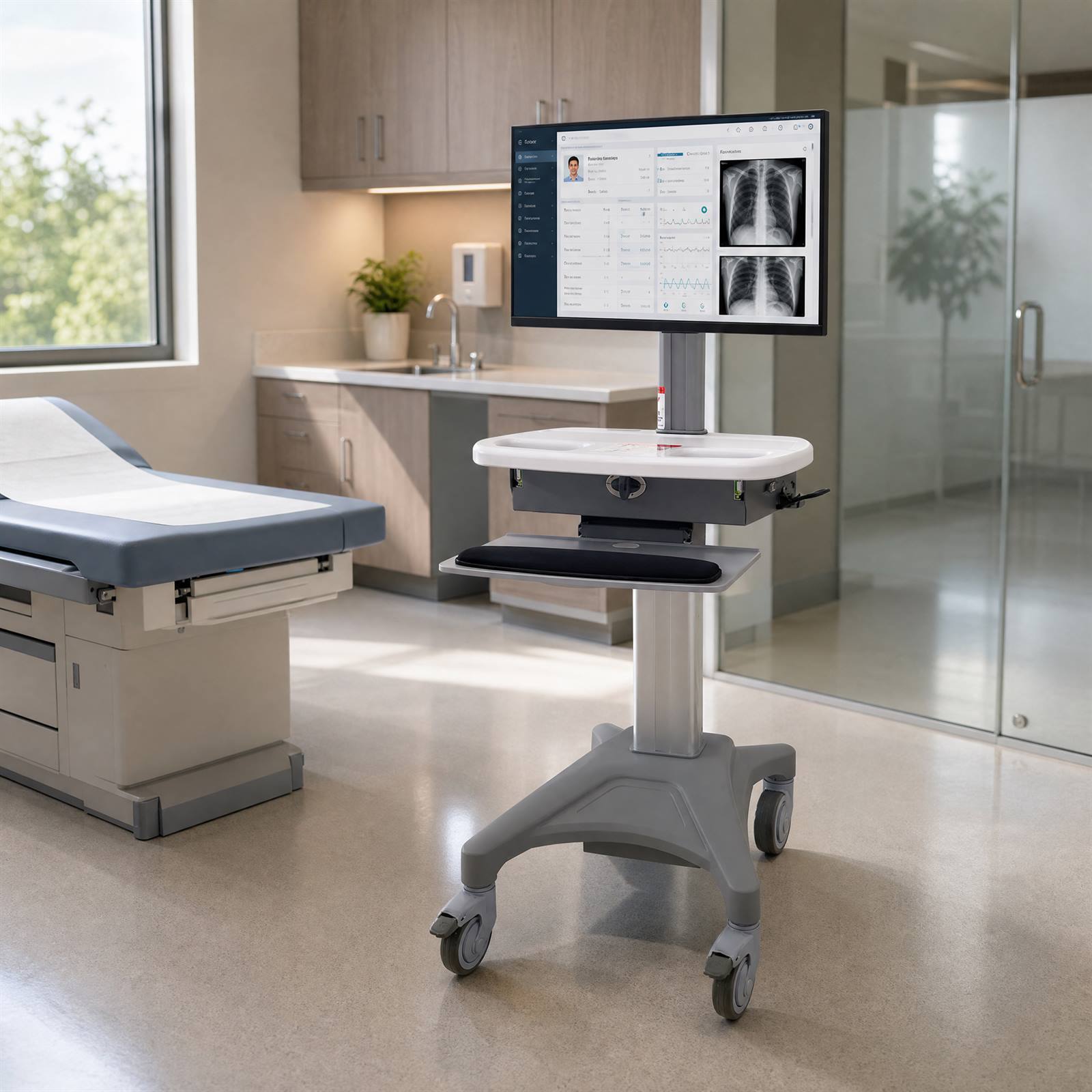 Mobile Medical Computer Cart with Height-Adjustable Workstation